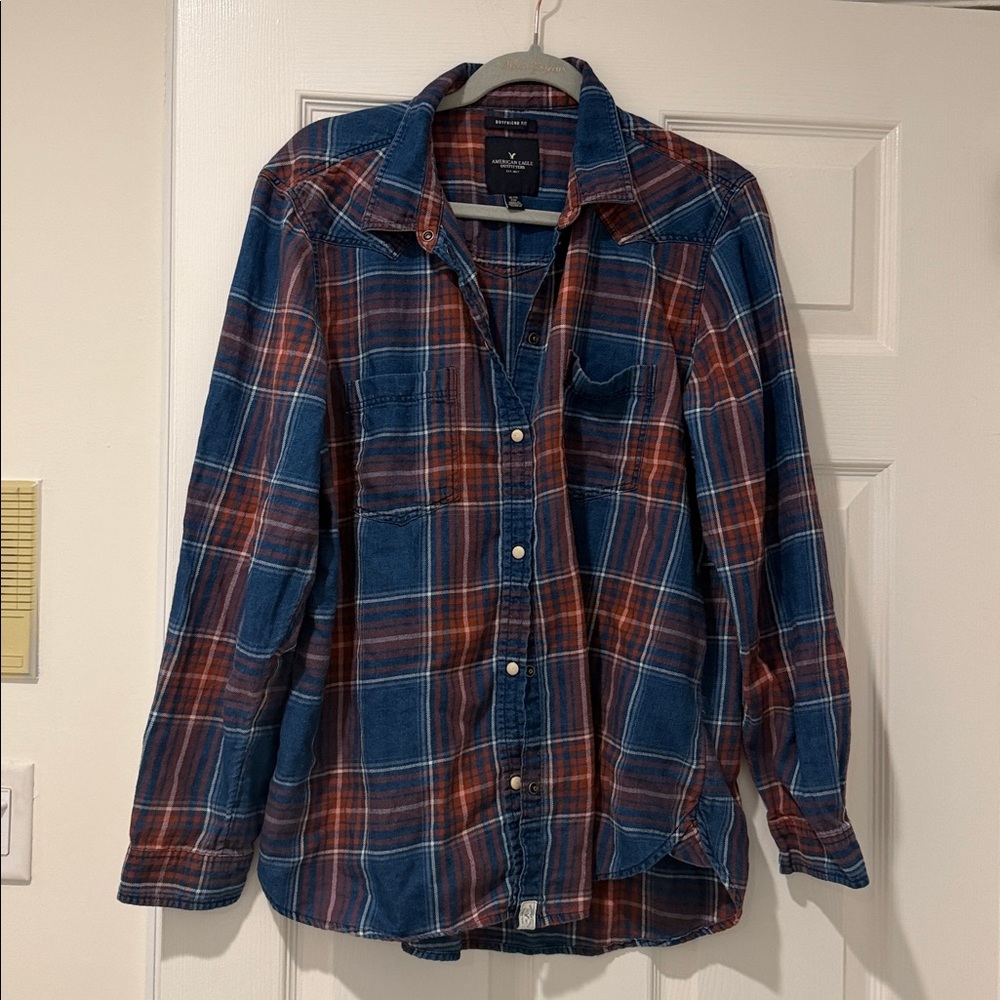 American Eagle Boyfriend Shirt Blue and Red Plaid Button-Up Shirt Vintage